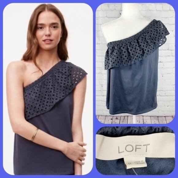 LOFT Gray Eyelet Ruffle One Shoulder Blouse Tank - MEDIUM - Picture 1 of 10